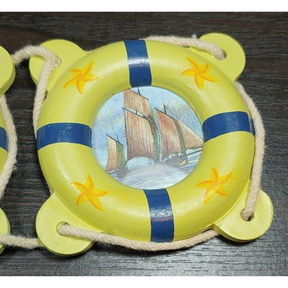 Nautical Wooden Lifebuoy Wall Hangings With Sailboat Designs Set Of 3 Vintage - Picture 5 of 9